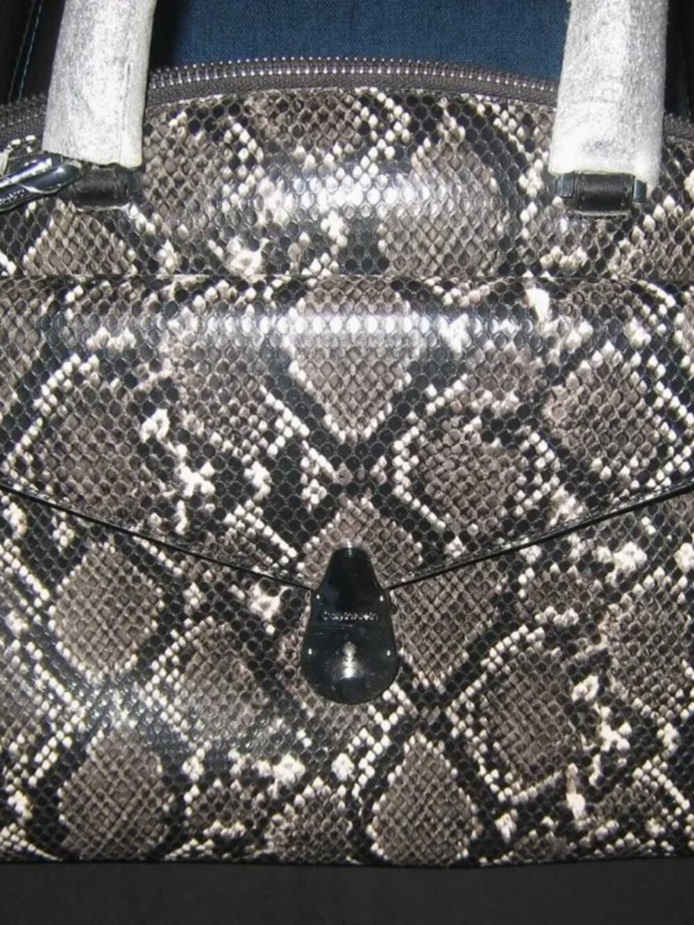 Calvin Klein Python Snake Embossed Satchel Crossbody Lock Grey Black Purse NWT